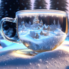 Transparent Cup with Snowy Village Scene and Trees in Wintry Forest