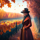 Stylish woman in brown coat and hat surrounded by autumn foliage