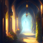 Sunlit arched corridor with lanterns and plants on stone pathway