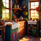 Rustic kitchen with wooden furniture, copper pots, ceramic dishes, plants, and colorful rug