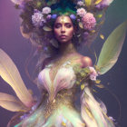 Ethereal woman in floral and feather headdress with golden jewelry