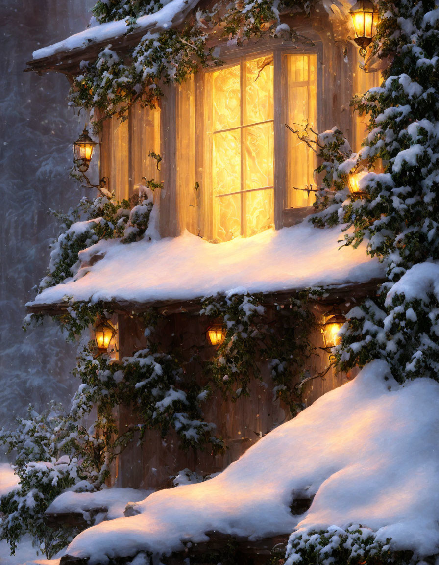 Snowy cabin with golden-lit windows and lanterns in winter scene