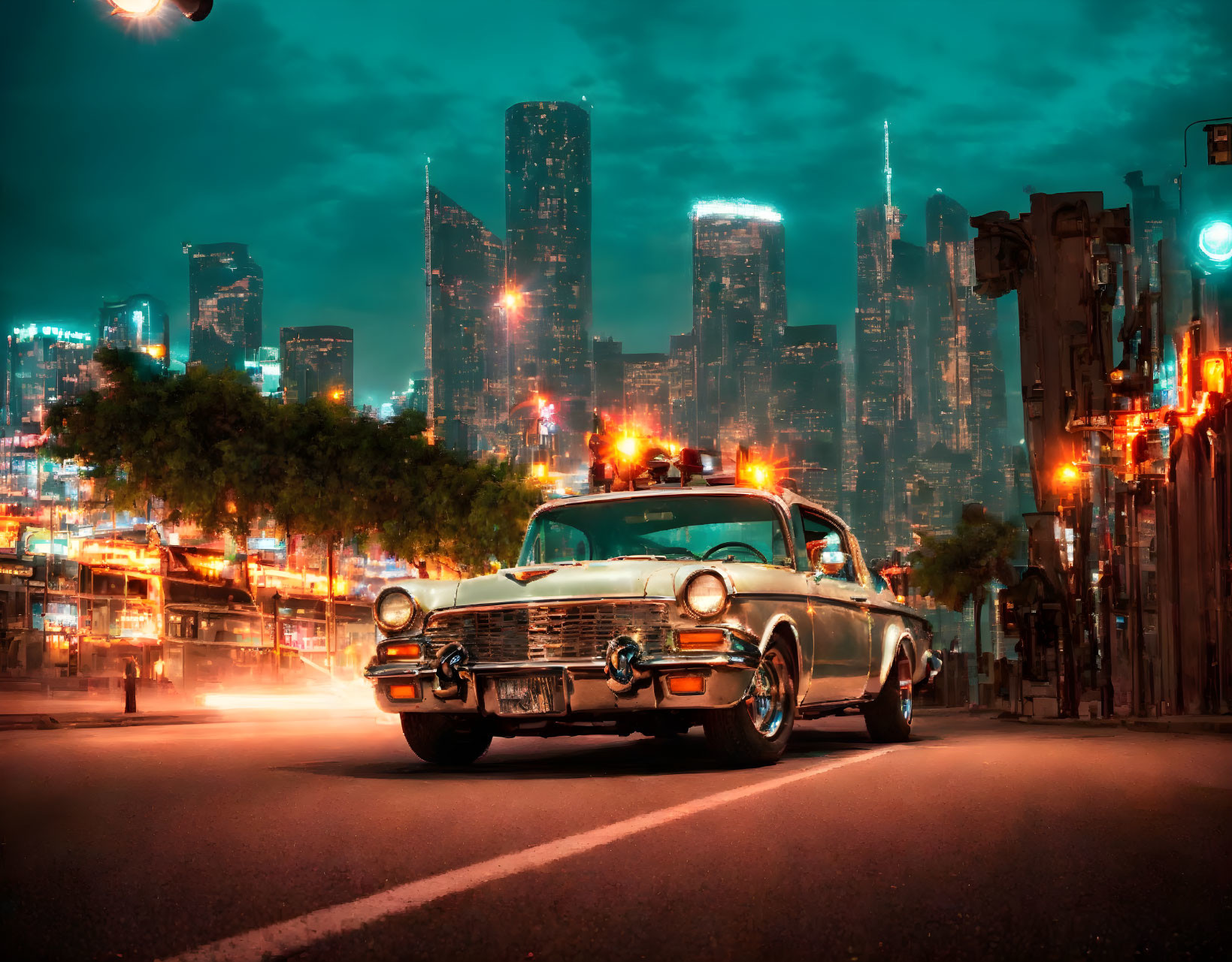 Classic Car Parked on City Street at Night with Illuminated Skyscrapers