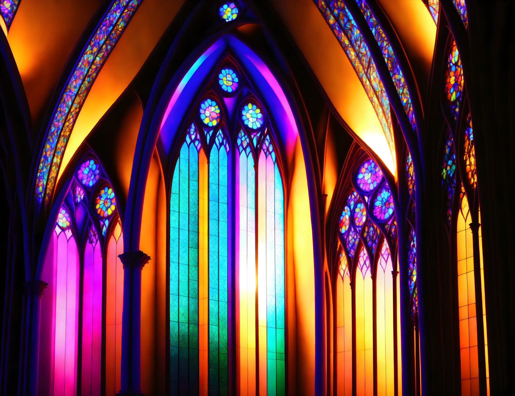 Vibrant Gothic arch stained glass windows in a church