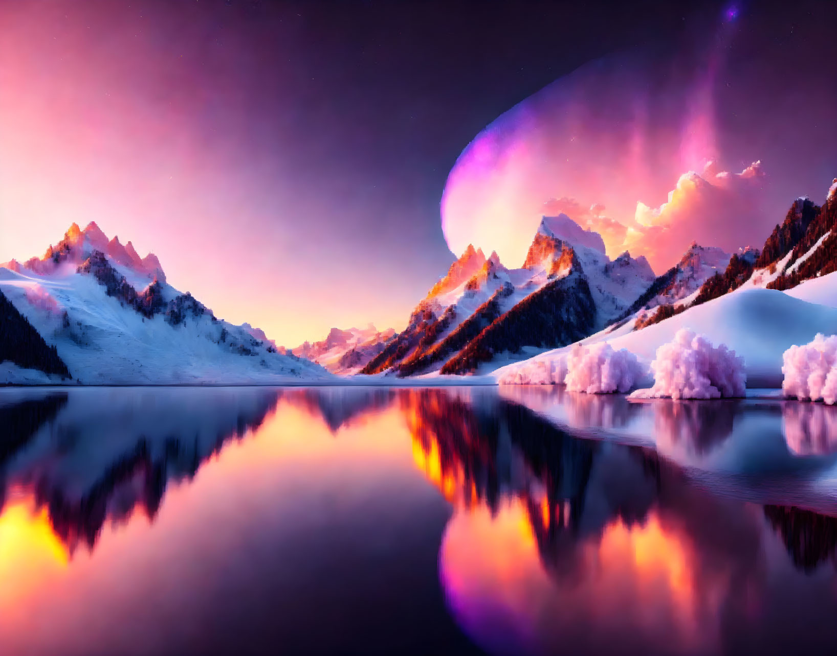 Snow-capped mountains, calm lake, vivid aurora in twilight sky