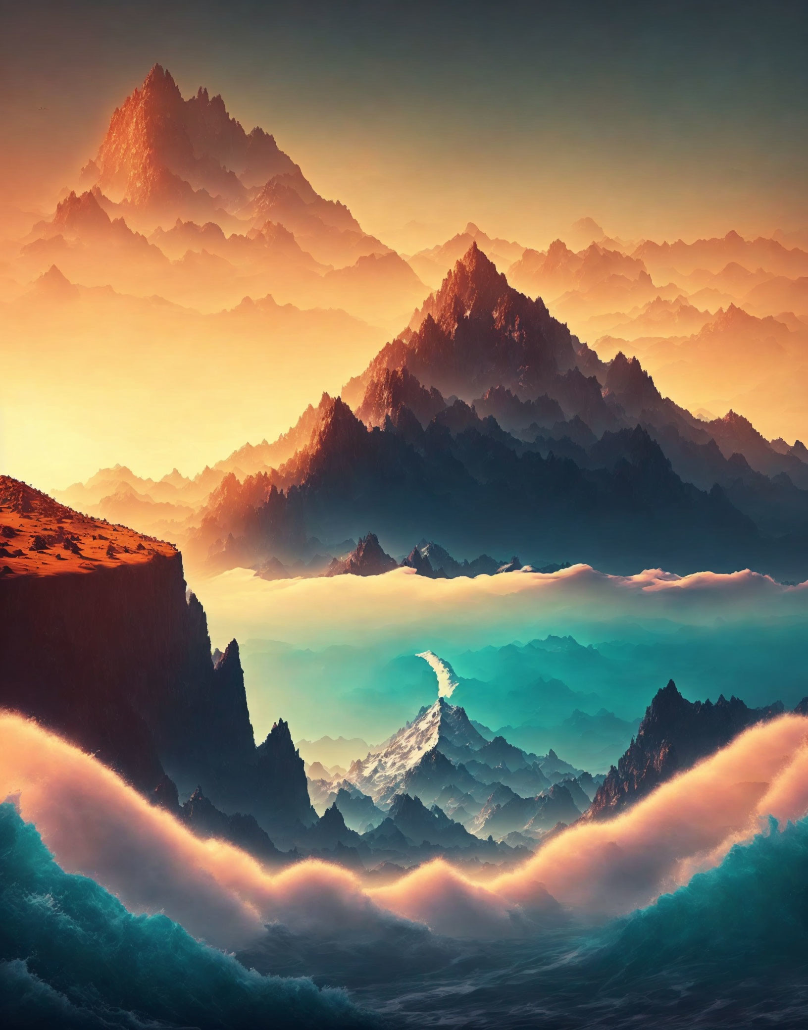 Surreal landscape with vibrant mountain ranges and glowing atmosphere