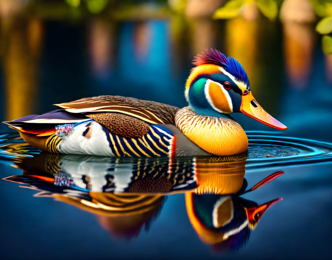 Vibrant mandarin duck on calm water with mirrored plumage