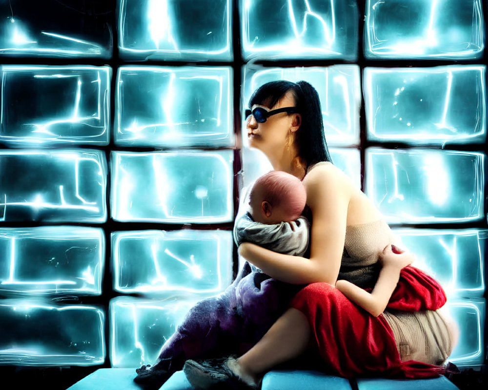 Woman in sunglasses holding baby against vibrant futuristic backdrop.