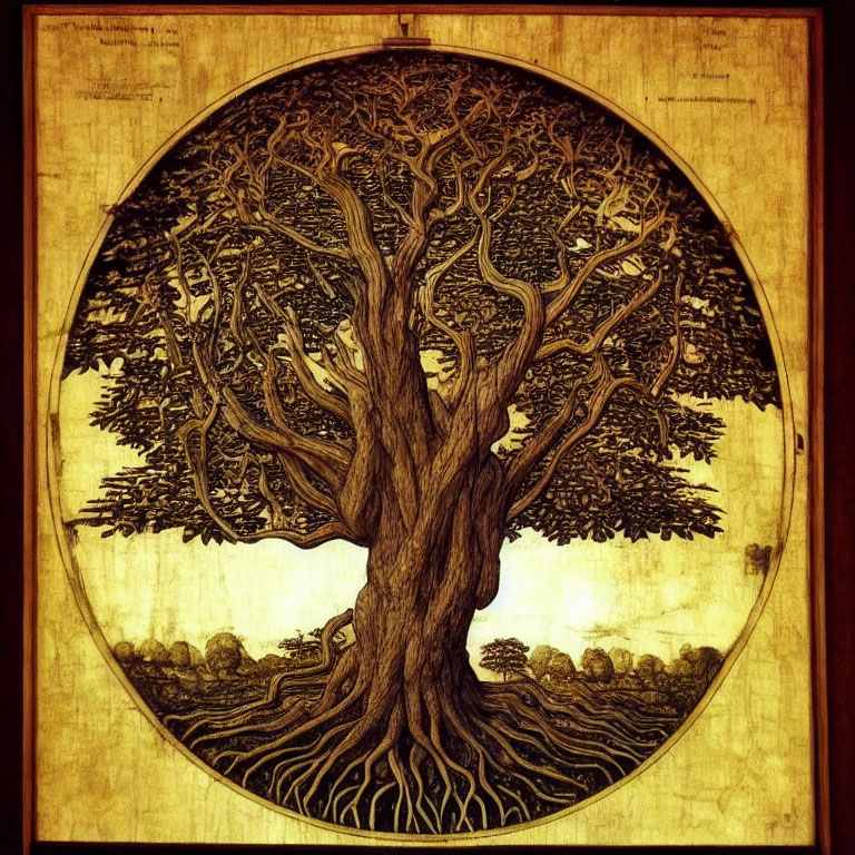 Detailed Wooden Tree Carving in Circular Frame