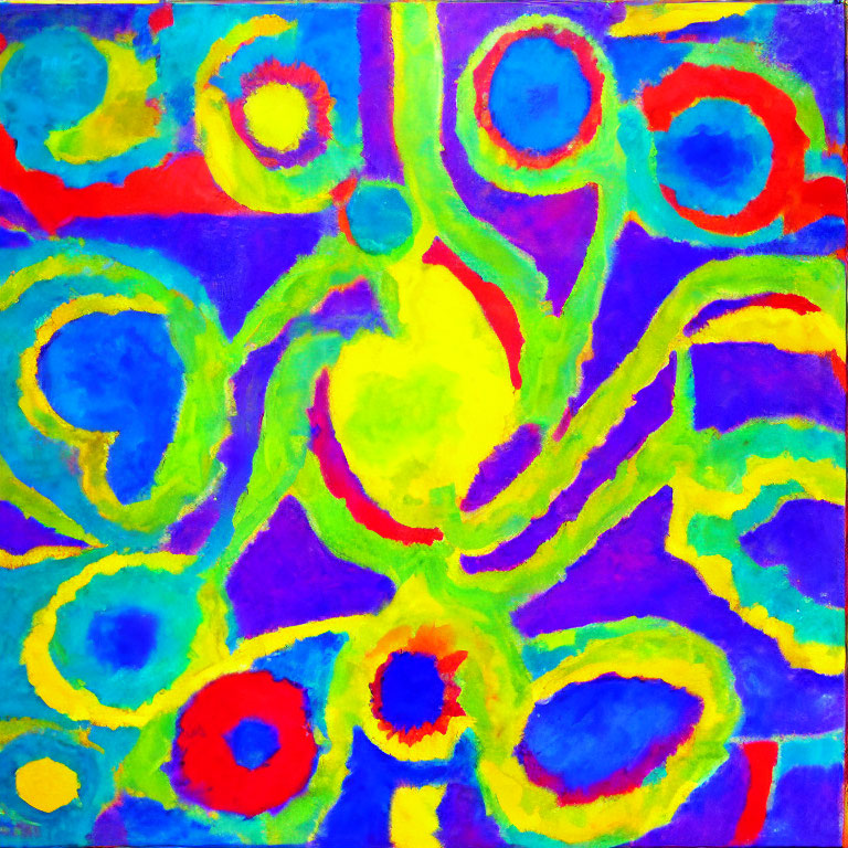 Vibrant Abstract Painting: Blue, Green, Yellow, Red, Circular Forms & Wavy Lines