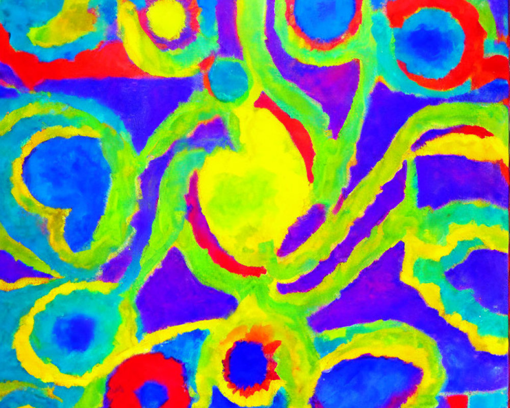 Vibrant Abstract Painting: Blue, Green, Yellow, Red, Circular Forms & Wavy Lines