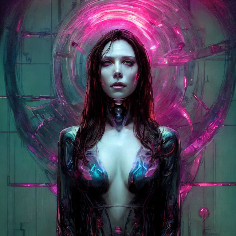 Cyborg woman with glowing chest implants in futuristic digital art