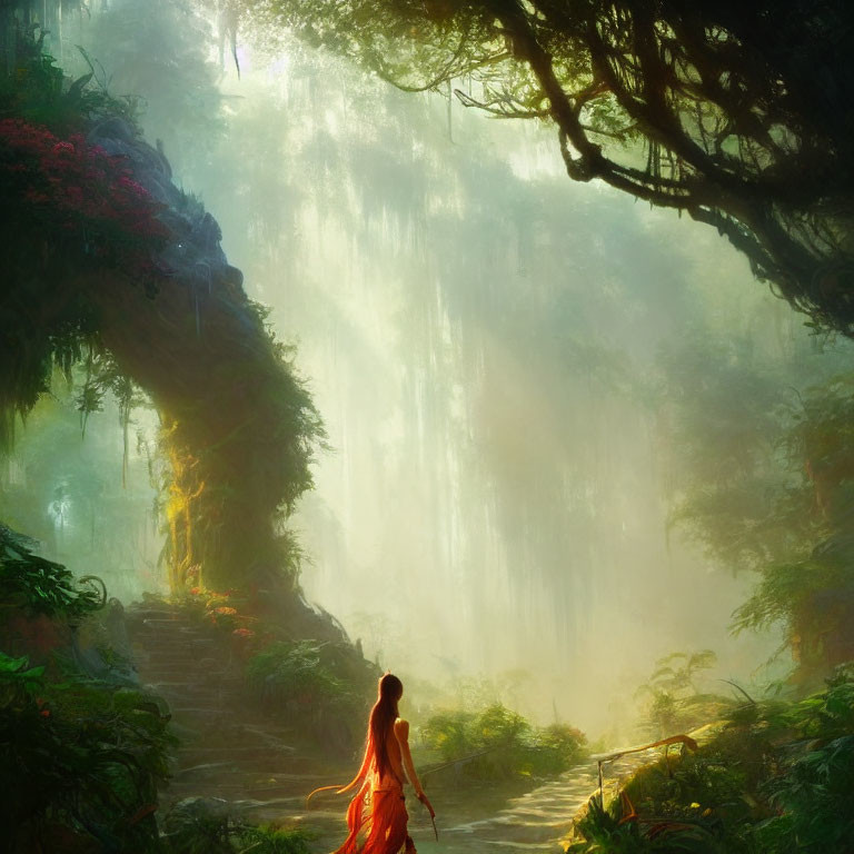 Person in red cloak walks through mystical forest with towering trees and ethereal light.