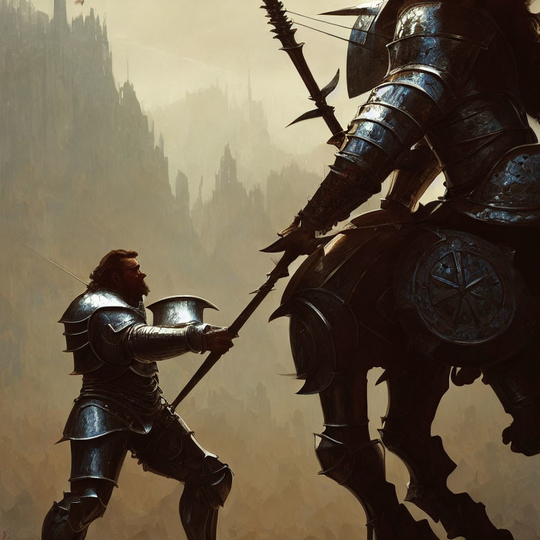 Armored knight faces giant with spear in castle setting