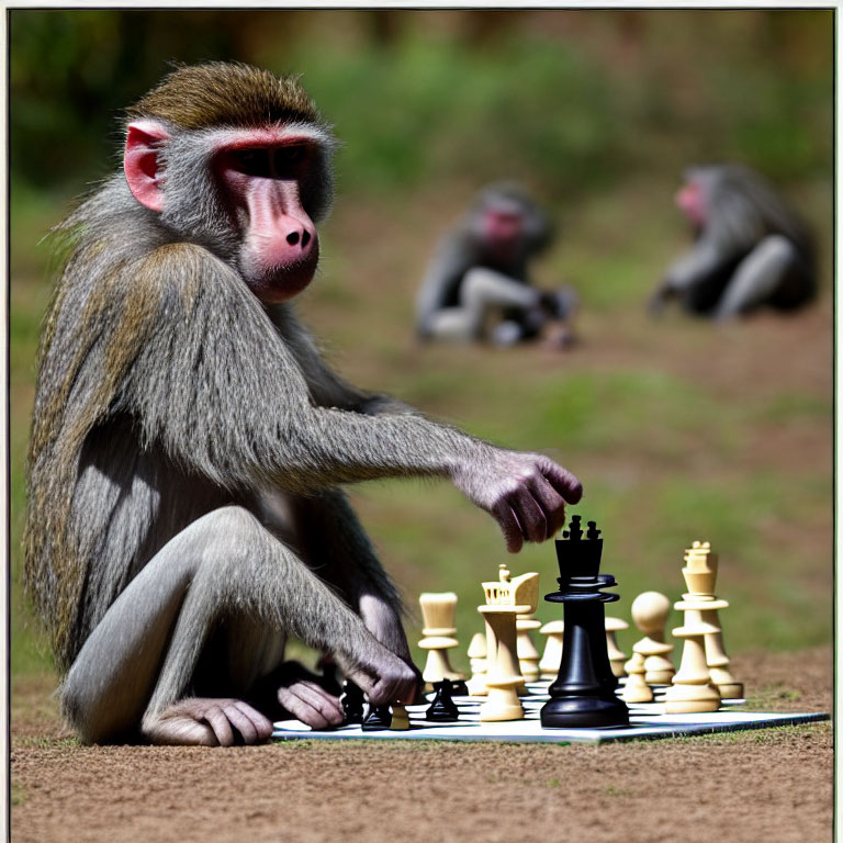 Baboon observing chessboard with scattered pieces