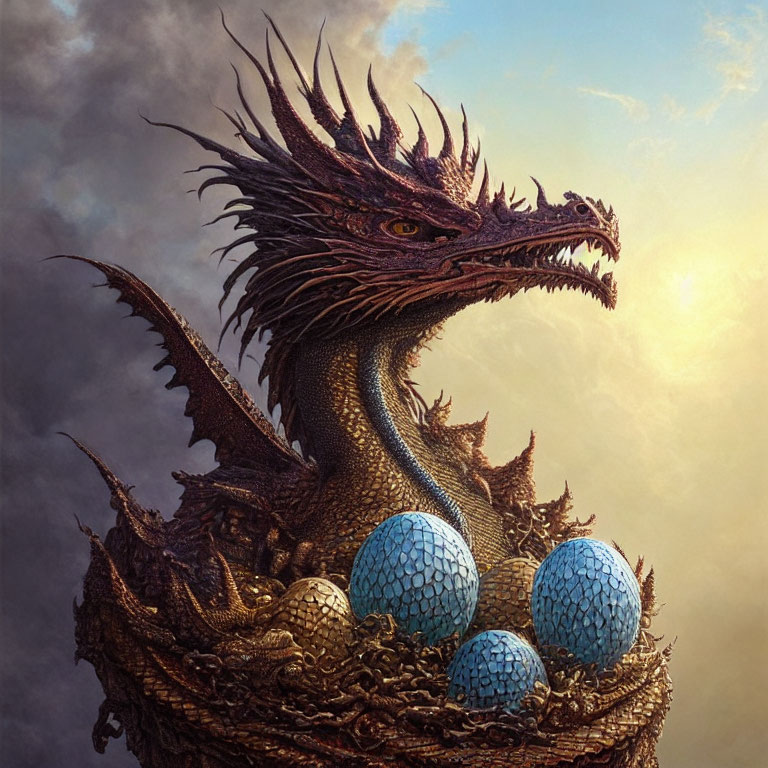 Majestic dragon guarding blue patterned eggs at sunset