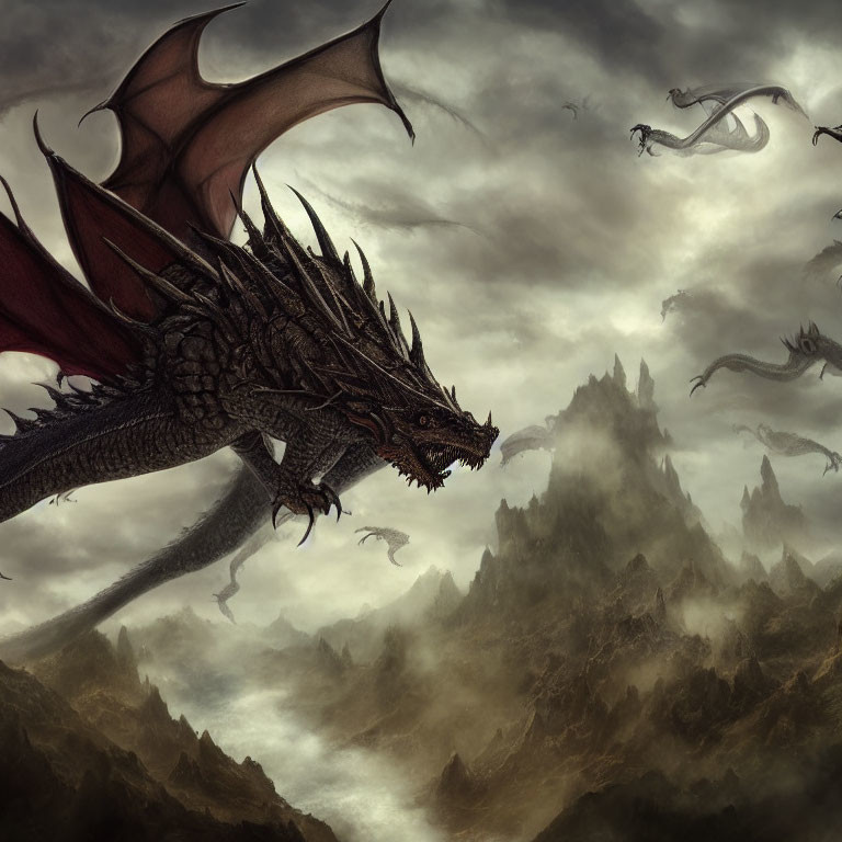 Majestic dragon perched on craggy peak, soaring dragons in misty mountain terrain