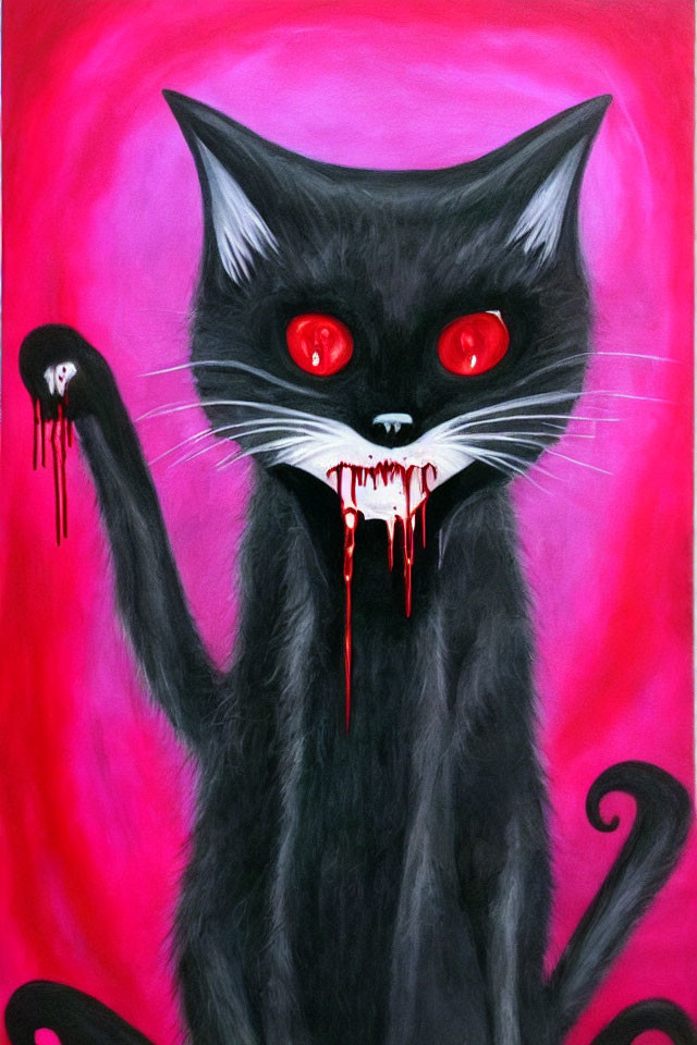 Black cat with red eyes and sharp teeth on pink background with bloody paw.