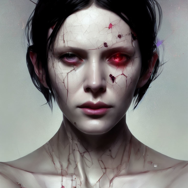 Digital portrait of pale female with red eyes and vein-like cracks.