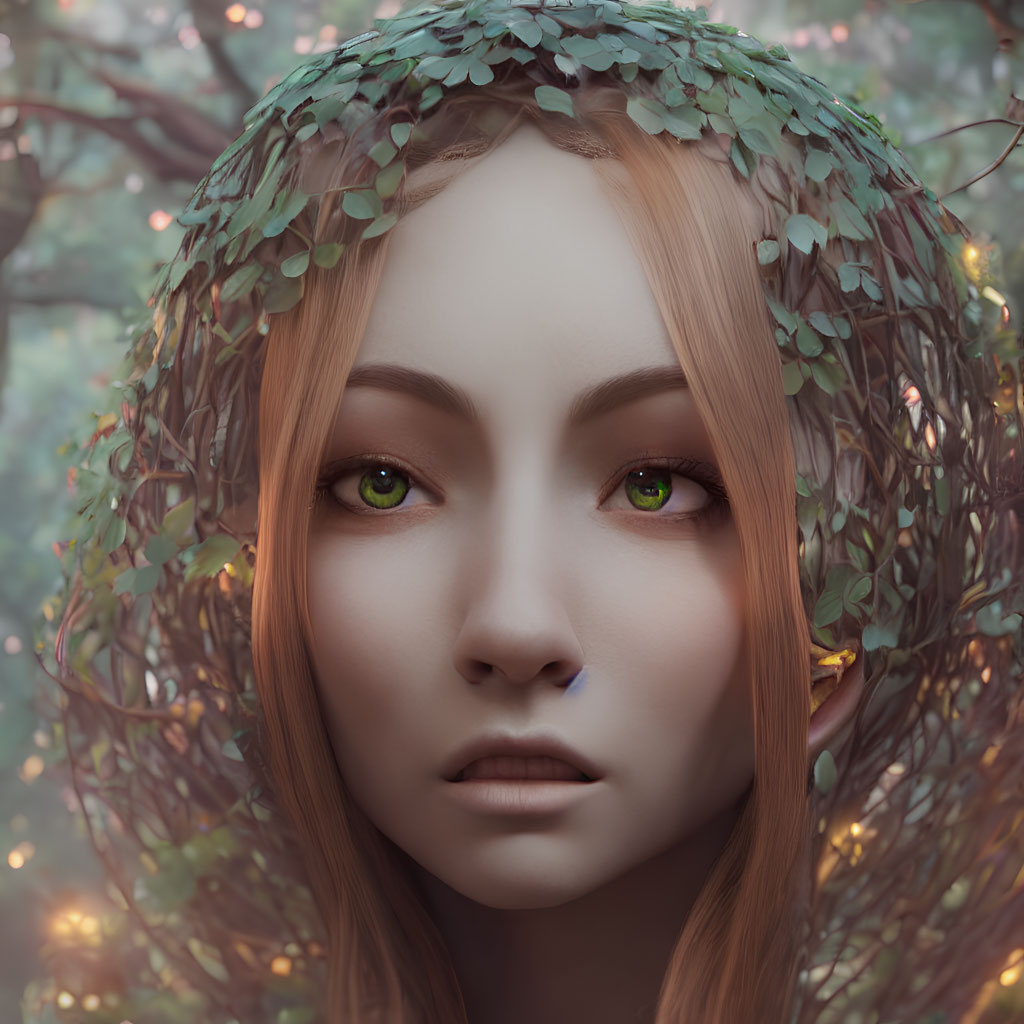 Female with ivy-like hair in mystical forest setting