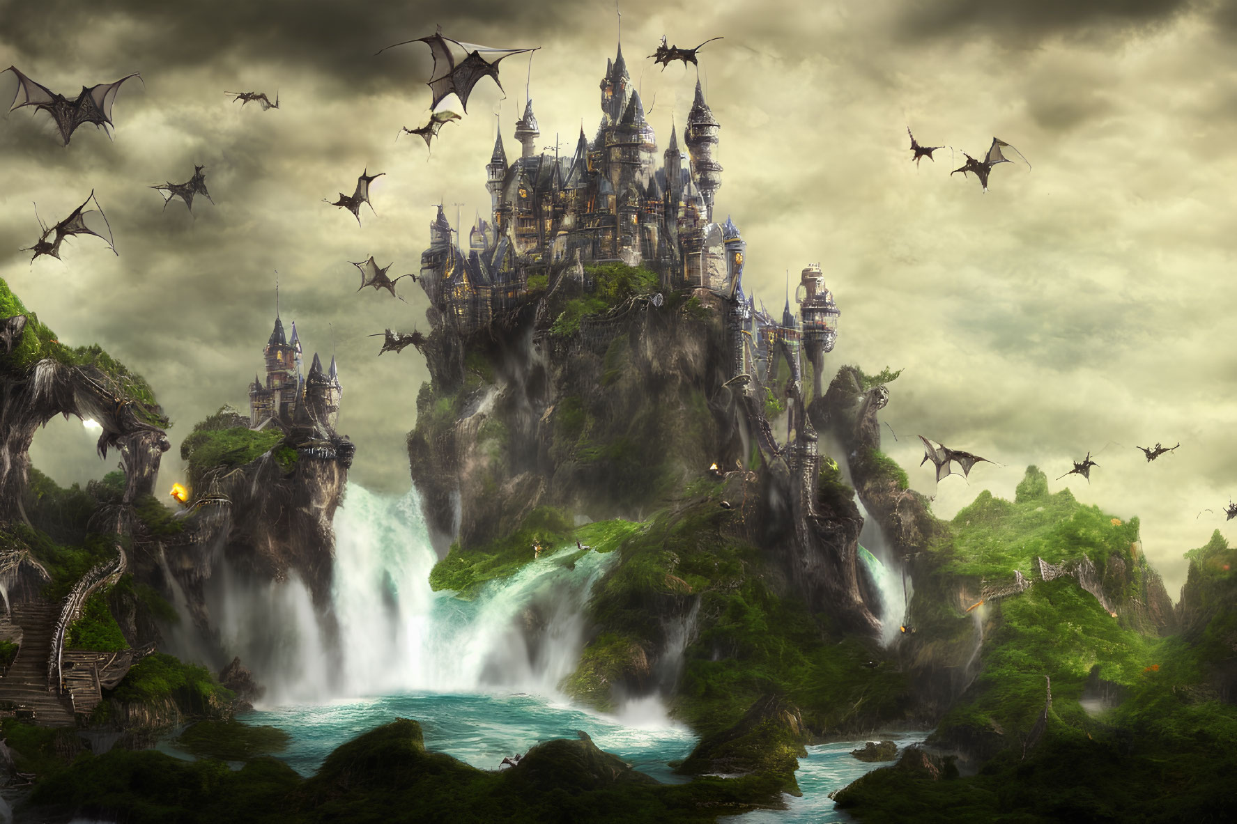 Fantasy castle on cliff with waterfalls, dragons, and greenery under cloudy sky