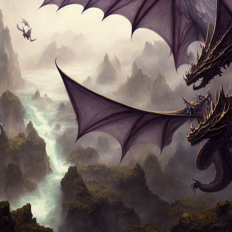 Majestic dragon flying over misty, rugged landscape