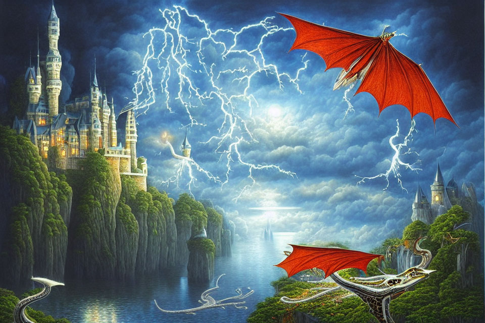 Red-winged dragons soar over castle in stormy sky.