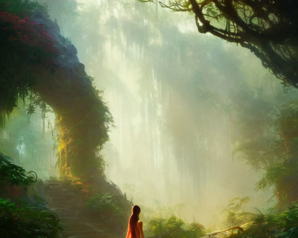 Person in red cloak walks through mystical forest with towering trees and ethereal light.