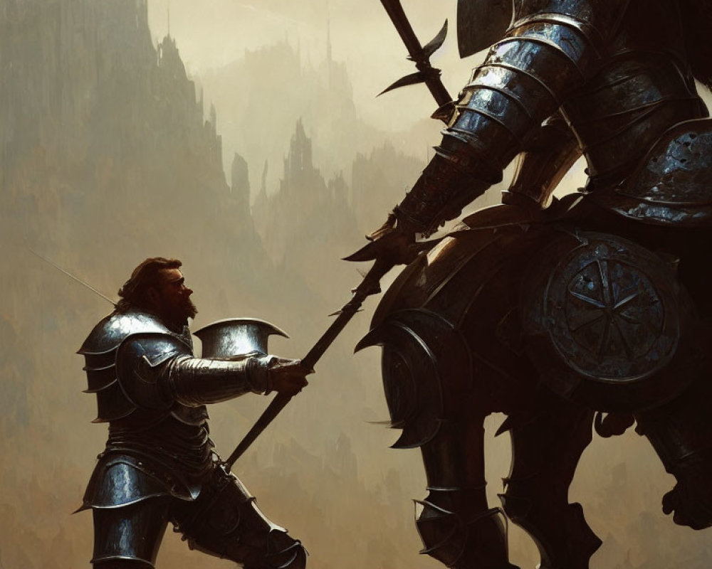 Armored knight faces giant with spear in castle setting