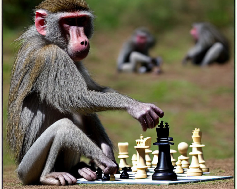 Baboon observing chessboard with scattered pieces