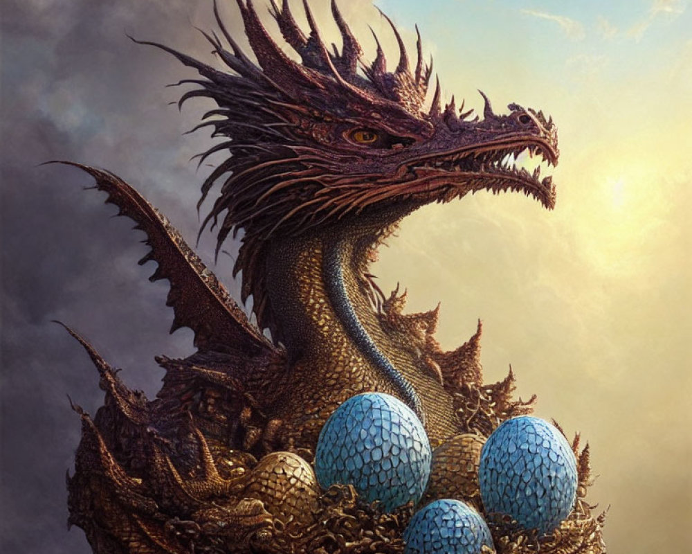 Majestic dragon guarding blue patterned eggs at sunset