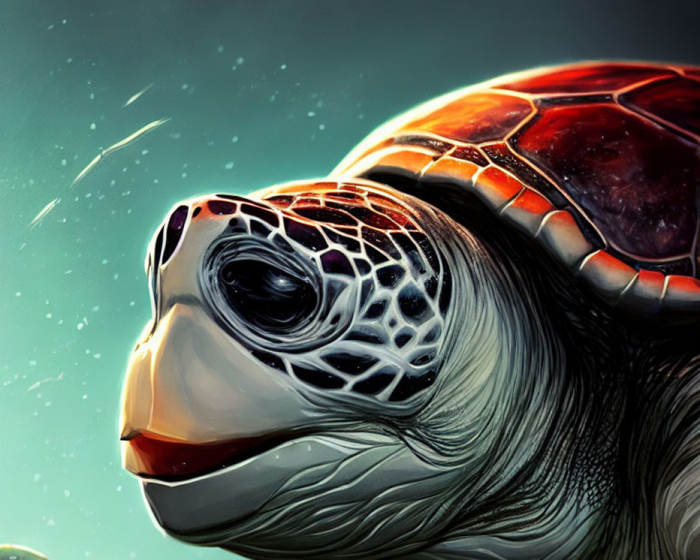 Detailed Sea Turtle Illustration Underwater with Light Rays