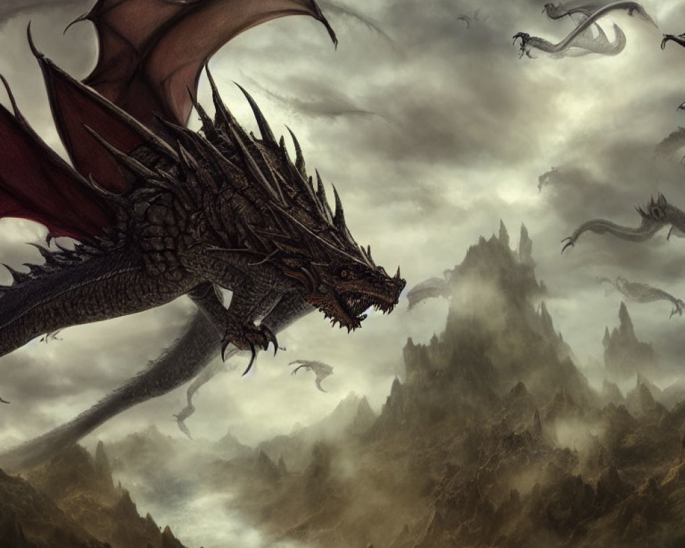 Majestic dragon perched on craggy peak, soaring dragons in misty mountain terrain