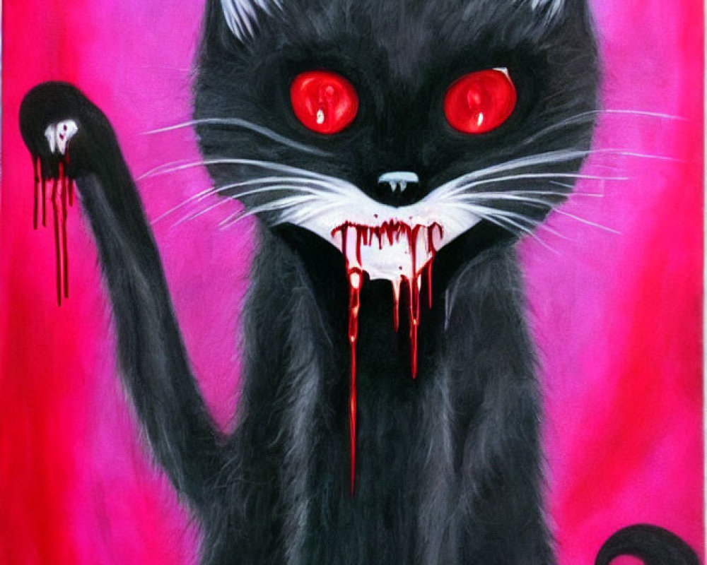 Black cat with red eyes and sharp teeth on pink background with bloody paw.