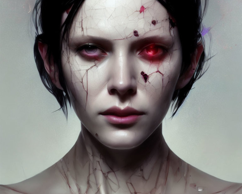 Digital portrait of pale female with red eyes and vein-like cracks.