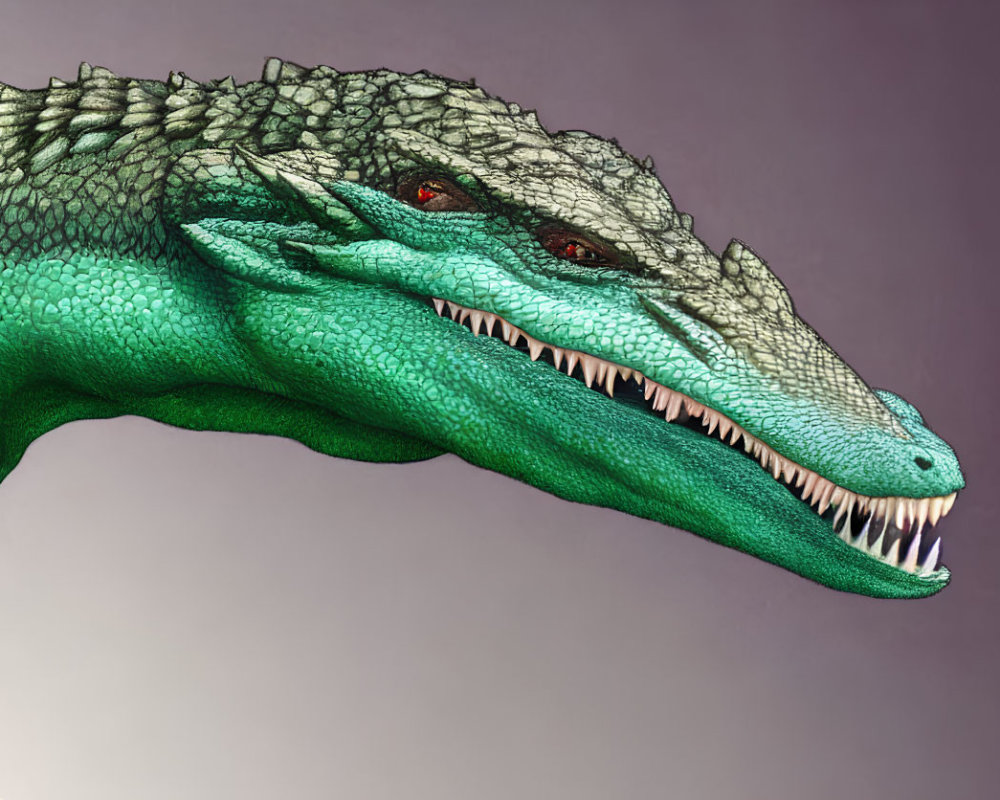 Detailed Green Crocodile Illustration with Sharp Teeth and Red Eyes on Purple Background