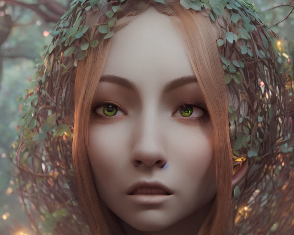 Female with ivy-like hair in mystical forest setting