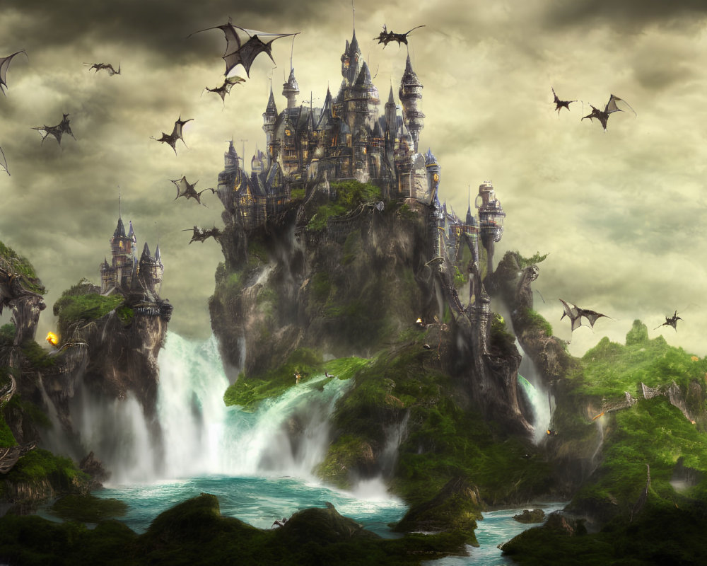 Fantasy castle on cliff with waterfalls, dragons, and greenery under cloudy sky