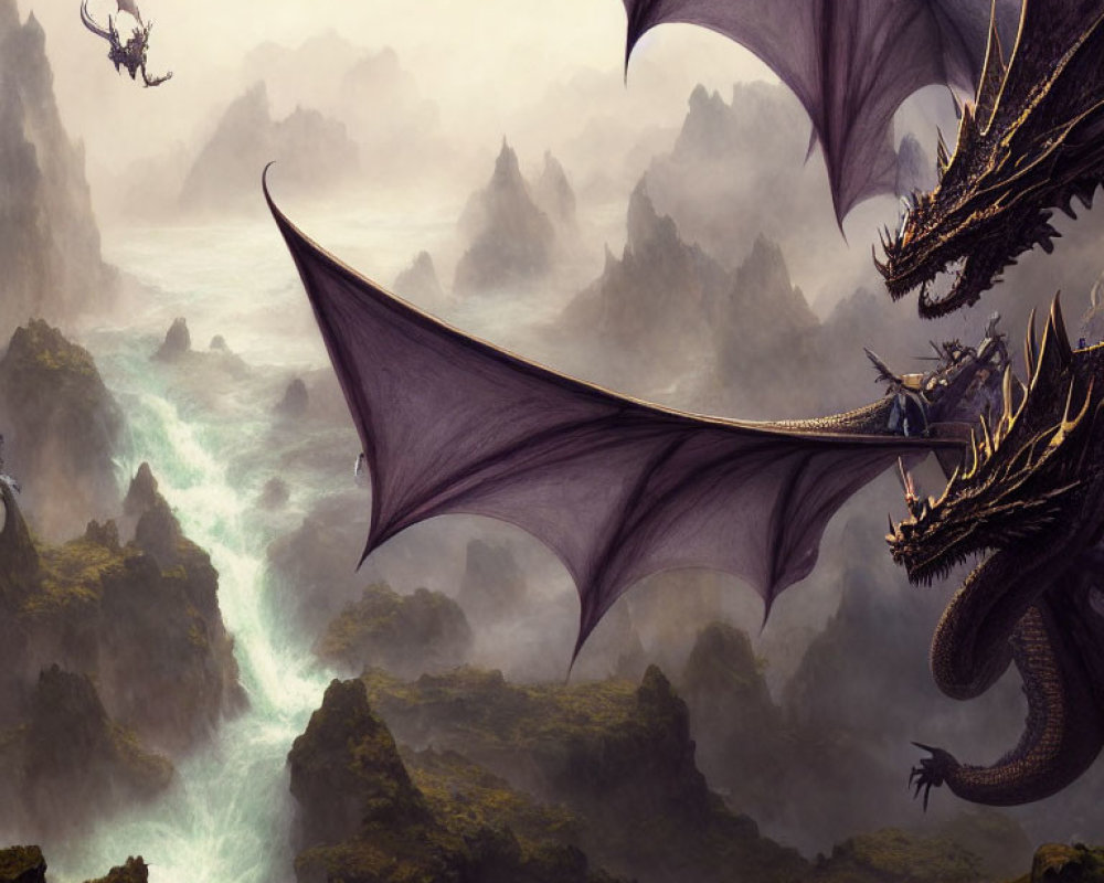 Majestic dragon flying over misty, rugged landscape