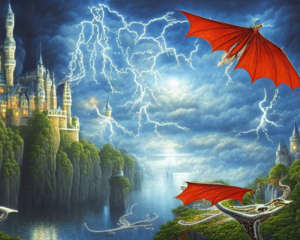 Red-winged dragons soar over castle in stormy sky.