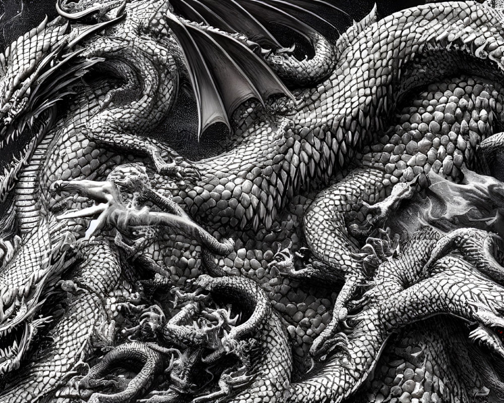 Detailed Monochrome Dragon Illustration with Intricate Scales and Intense Gaze