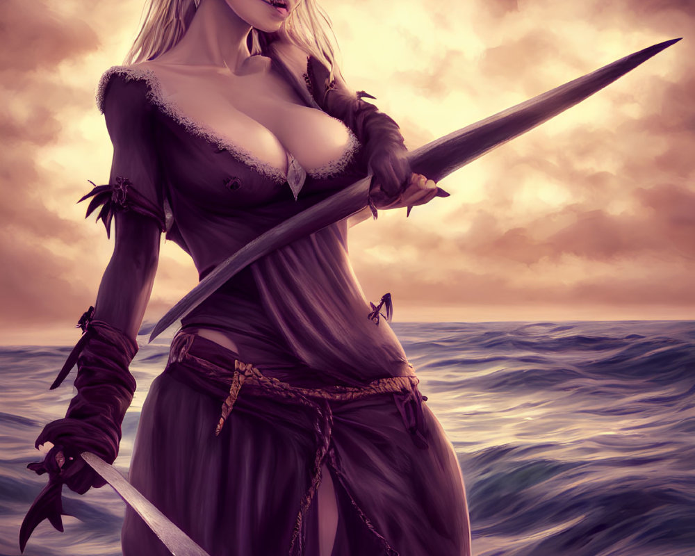 Fantasy elf warrior with sword on shoreline against dramatic ocean backdrop