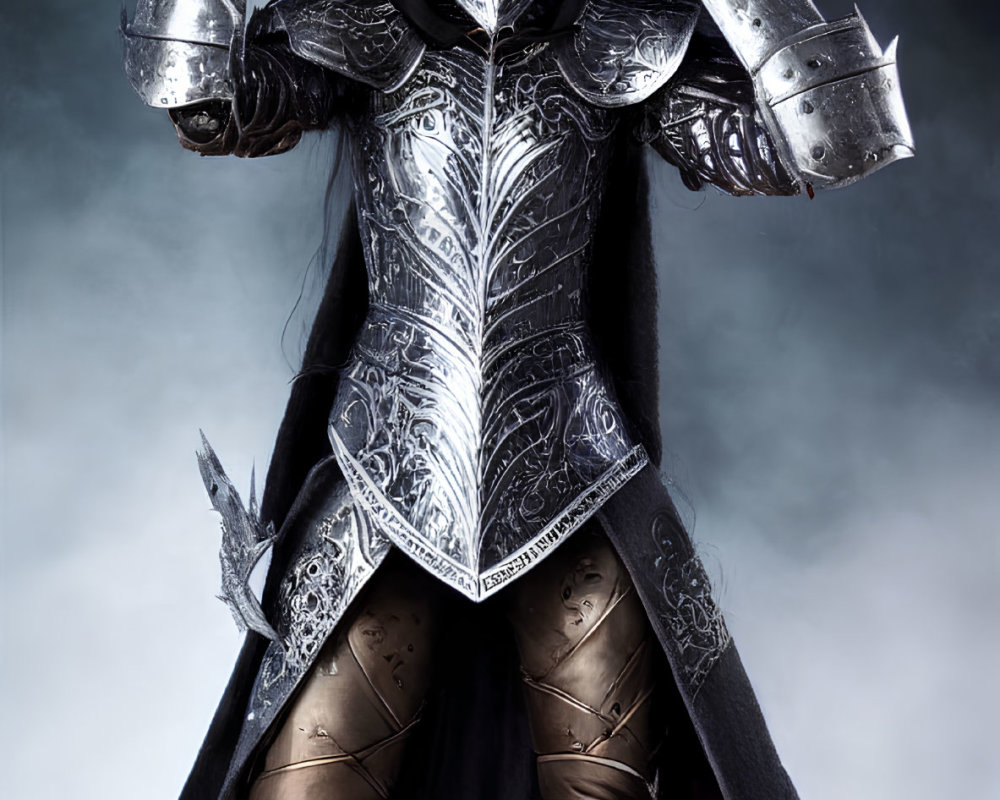 Elaborate Fantasy Armor with Horns and Dark Cape on Smoky Background