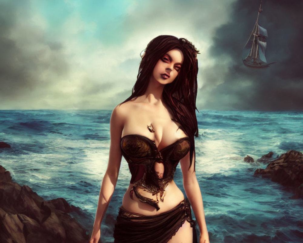 Dark-haired woman in ornate attire by stormy sea with ship - fantasy art