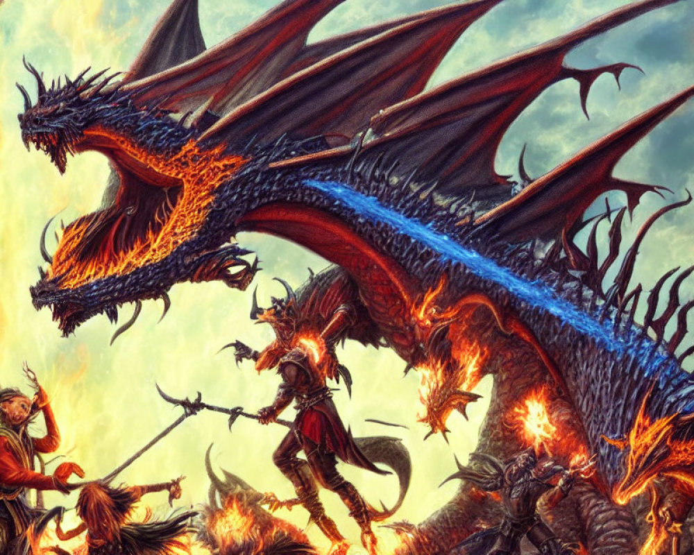 Warriors face glowing orange dragon with blue underwings in rocky scene