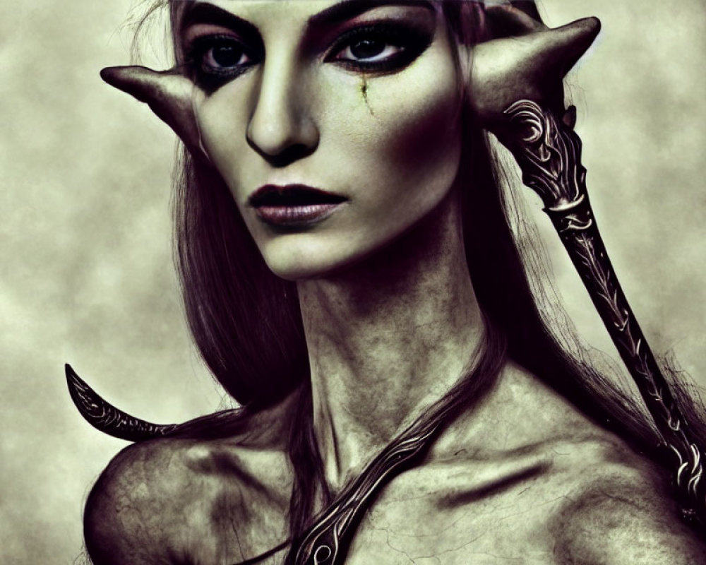 Fantasy character with pointed ears, elongated features, tattoos, dramatic makeup, and intense gaze.