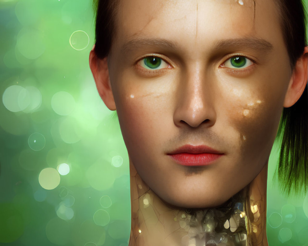 Serene person in digital artwork with glitch elements on green background