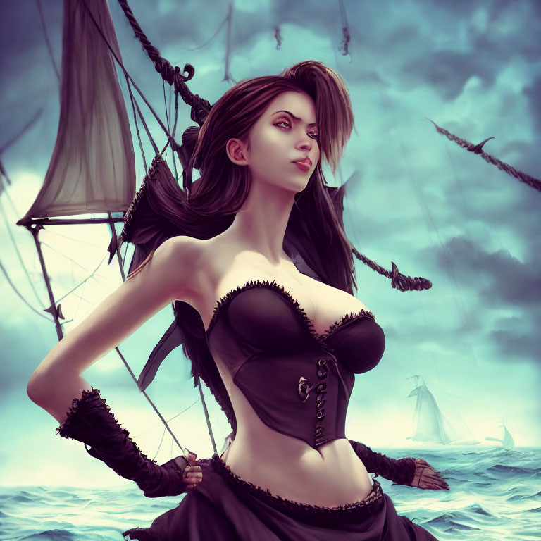 Female pirate with long hair on ship deck with cloudy sky and another ship.