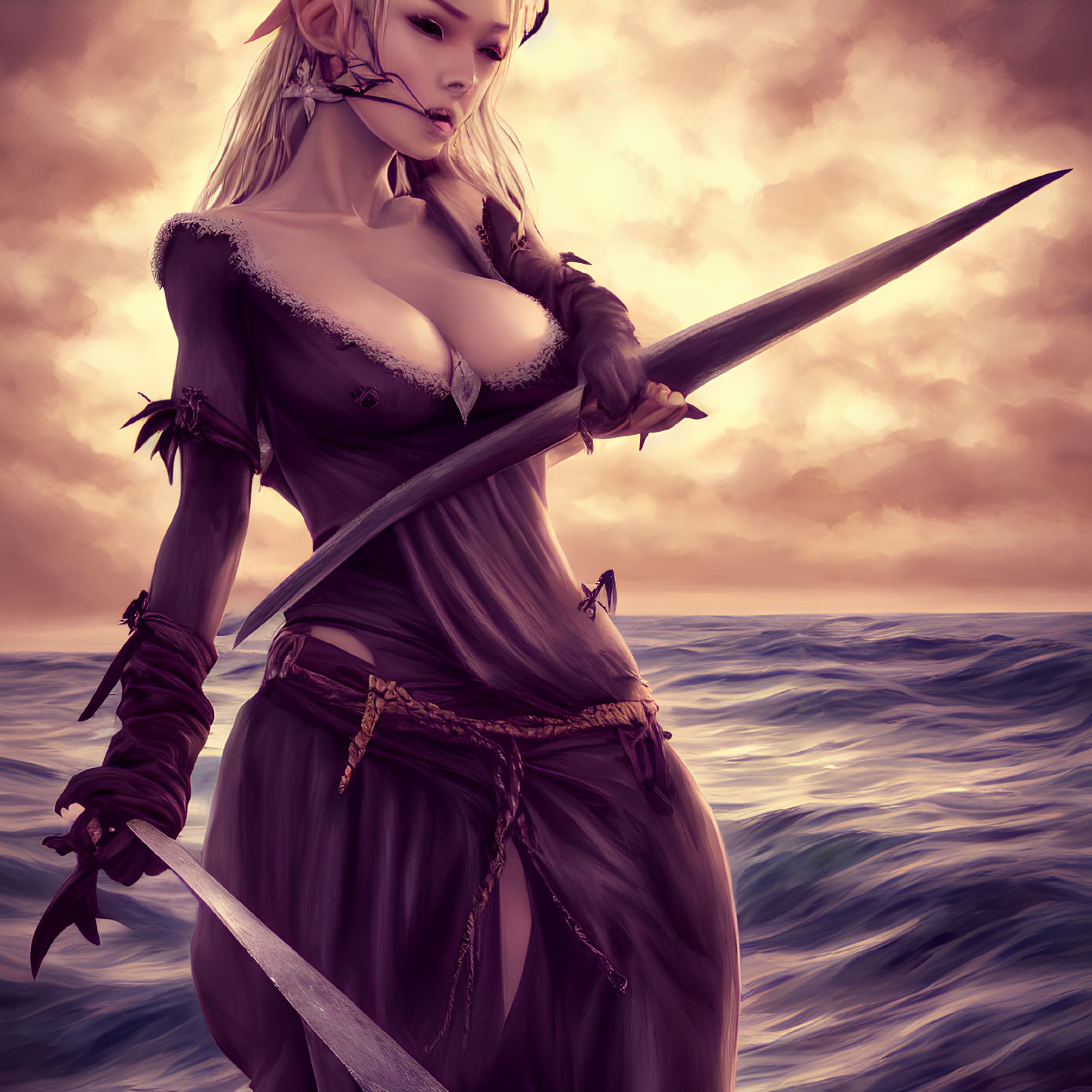 Fantasy elf warrior with sword on shoreline against dramatic ocean backdrop