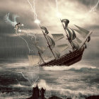 Fantasy artwork: Majestic ships with dragon-like sails in stormy seas